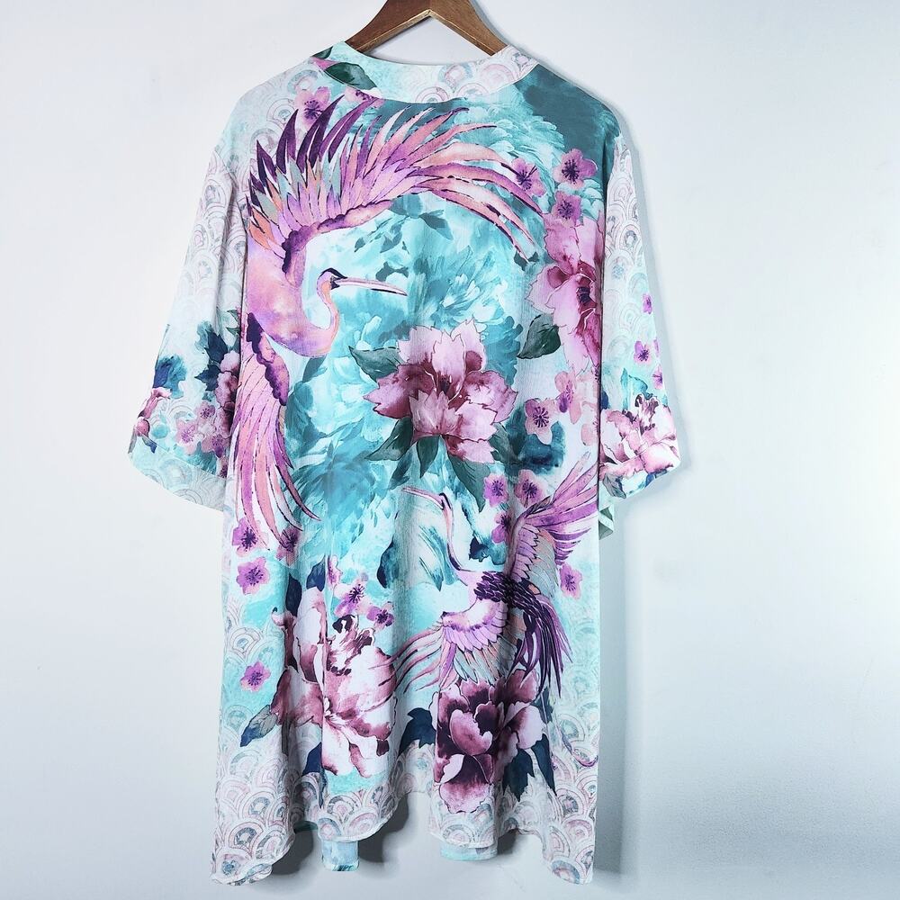 Catherines Womens Light Blue Floral Bird Print Open Cardigan Size 3X Fairy Flowy